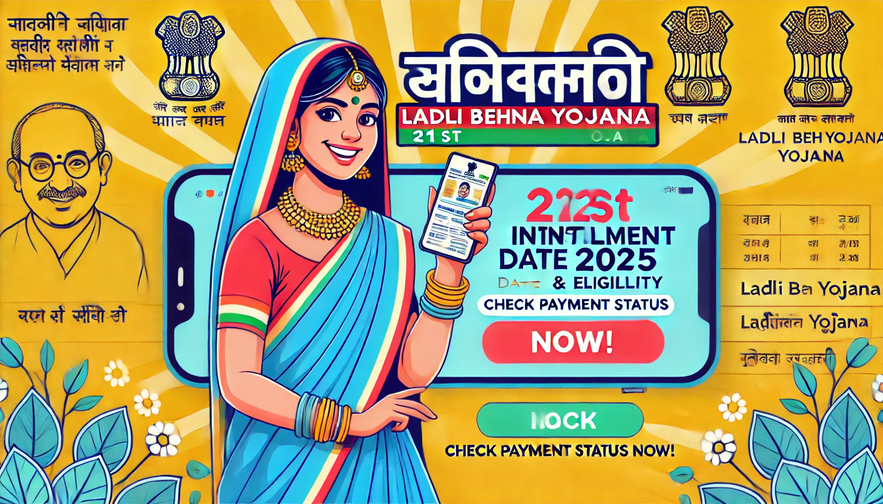Ladli Behna Yojana 21st Installment Date 2025 – Payment Update ₹1,250. A happy Indian woman in a saree checking her phone, with a bright blue and yellow background, MP government logo, and a call-to-action saying 'Check Payment Status Now!'