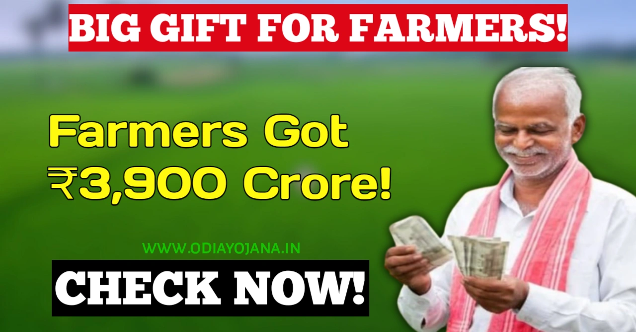 Indian farmer standing in green field with text – Big Gift for Farmers ₹3,900 Crore Check Now