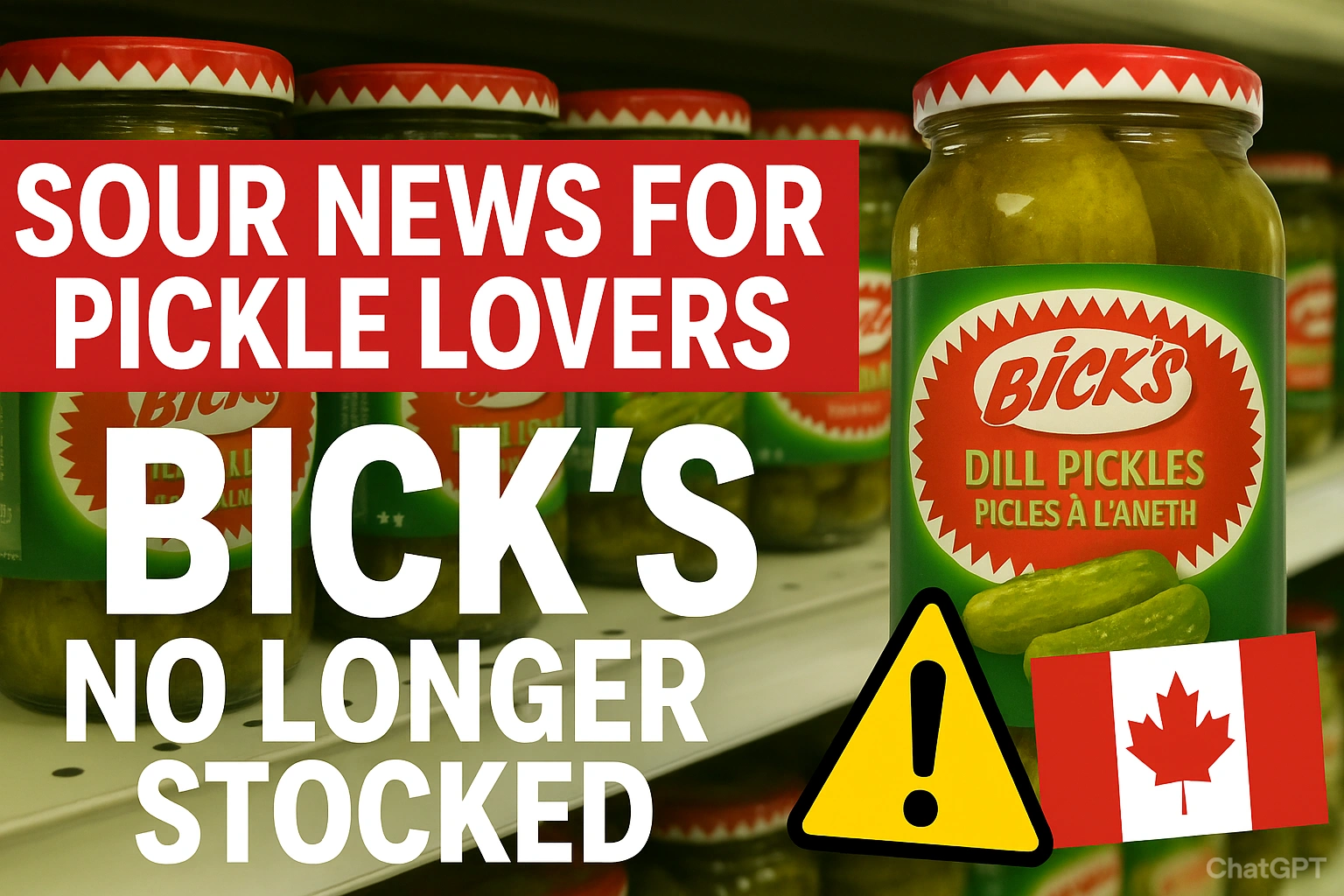Bick’s Pickles jars on a store shelf with warning sign and Canadian flag, highlighting shortage due to tariffs