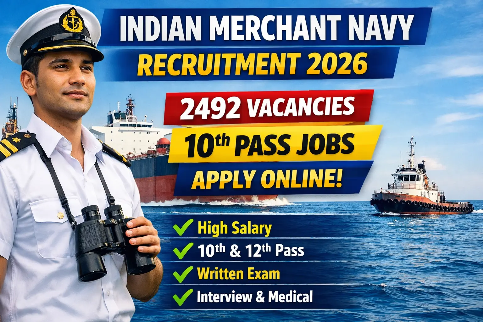 Indian Merchant Navy Recruitment 2026 for 2492 vacancies – 10th pass jobs