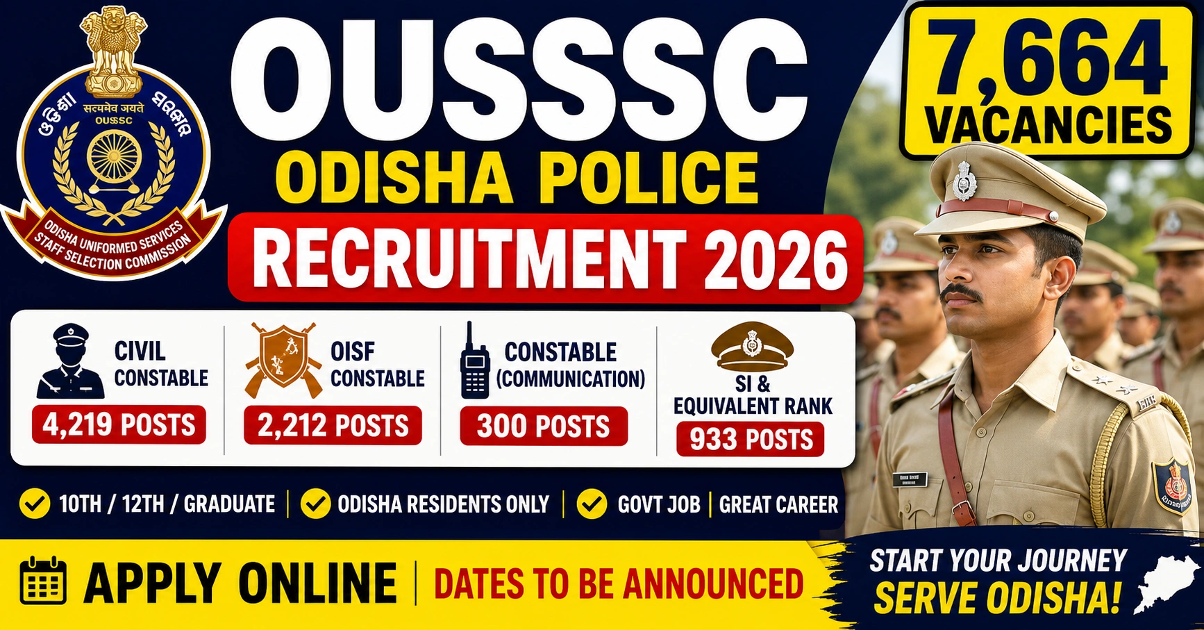 OUSSSC Odisha Police Recruitment 2026 Notification for 7664 Constable and SI Posts