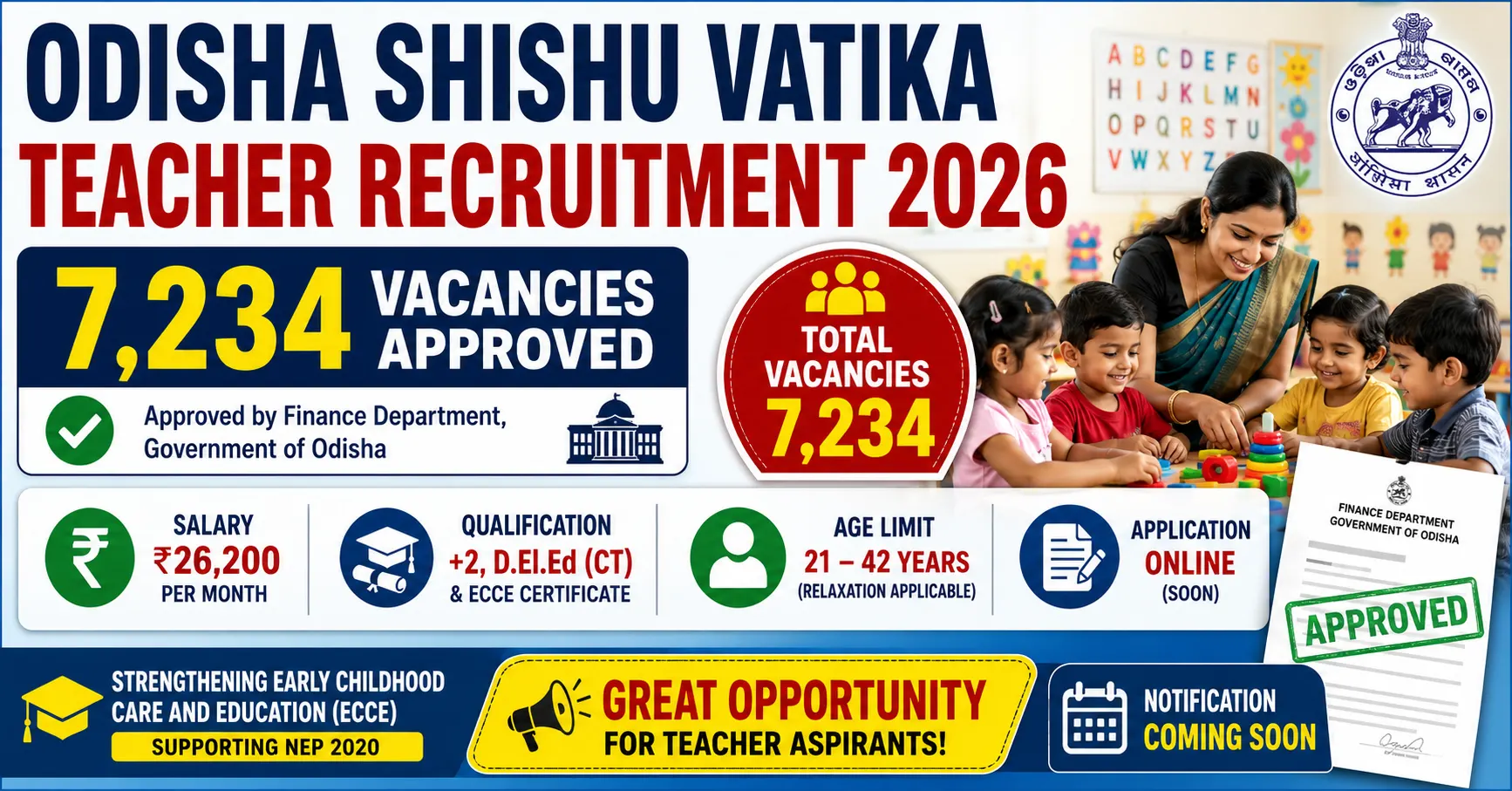 Odisha Shishu Vatika Teacher Recruitment 2026 Notification for 7234 OSEPA Teacher Vacancies