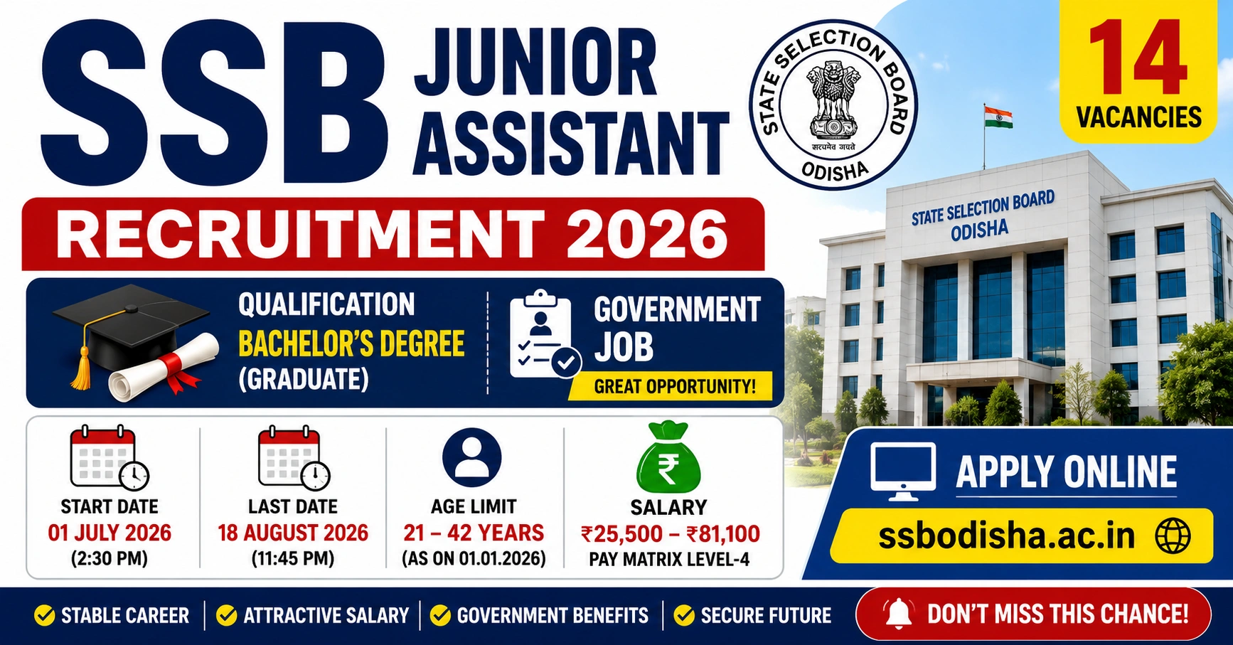 SSB Junior Assistant Recruitment 2026 notification for 14 Graduate vacancies in Odisha