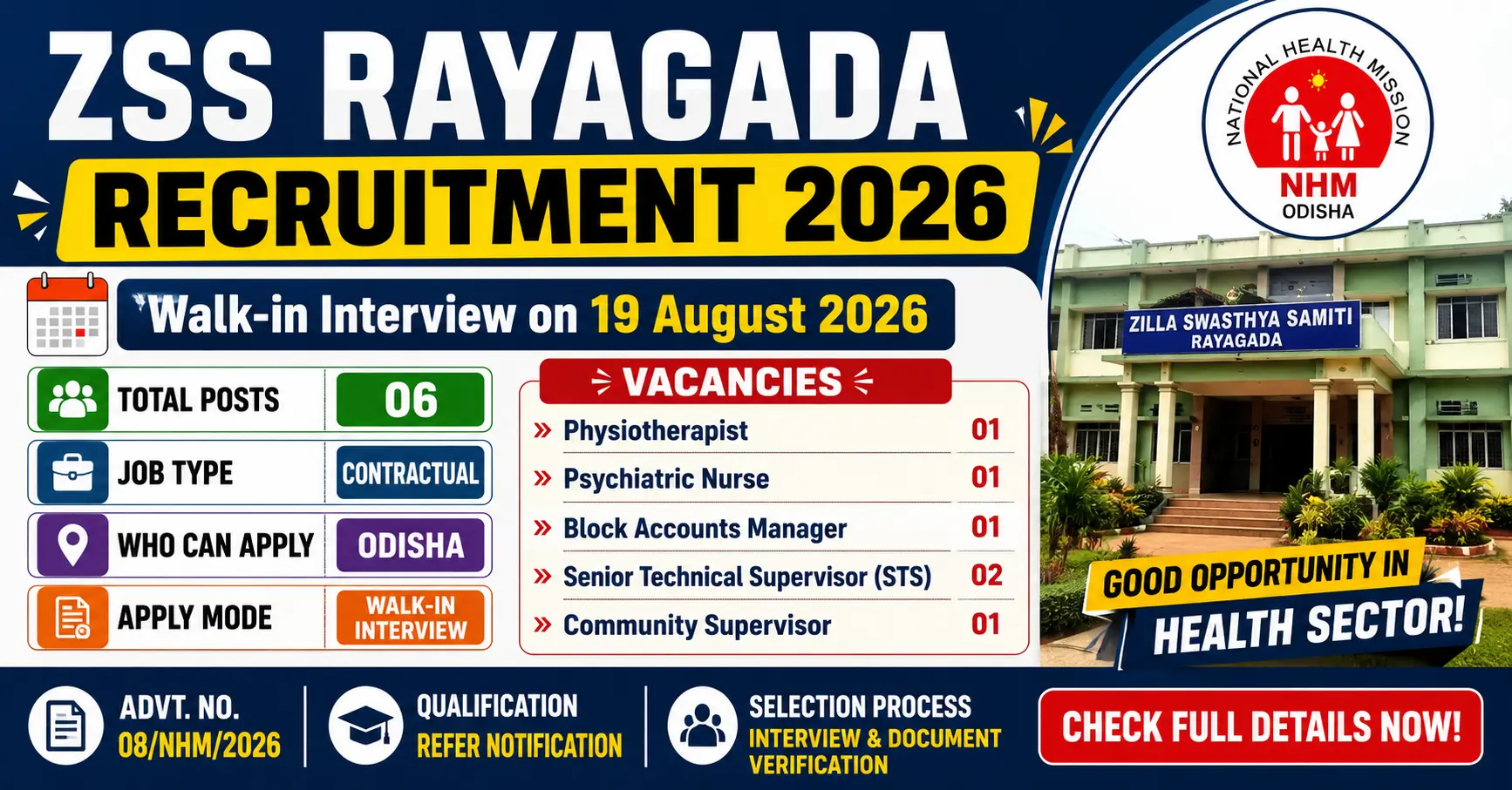 ZSS Rayagada Recruitment 2026 notification for Physiotherapist, Psychiatric Nurse and NHM contractual vacancies