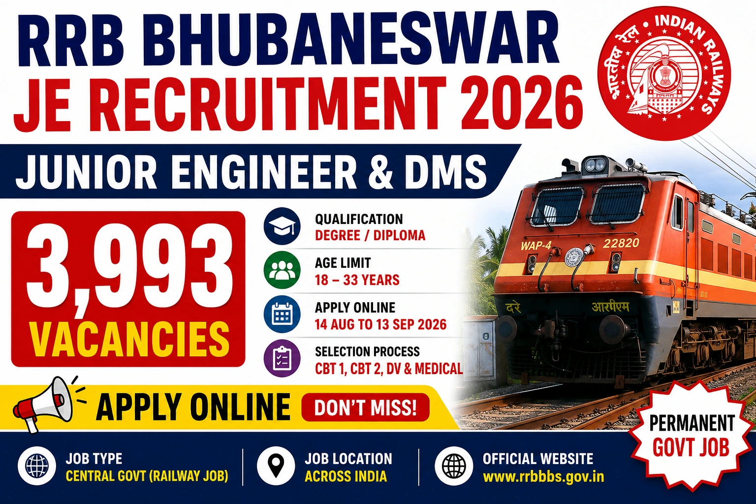 RRB JE Recruitment 2026 – 3,993 Junior Engineer and DMS Vacancies