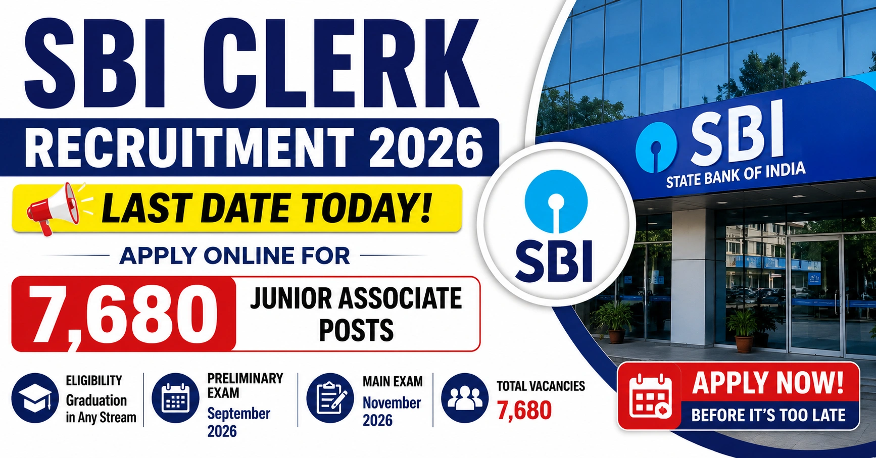 SBI Clerk Recruitment 2026 for 7680 Junior Associate posts