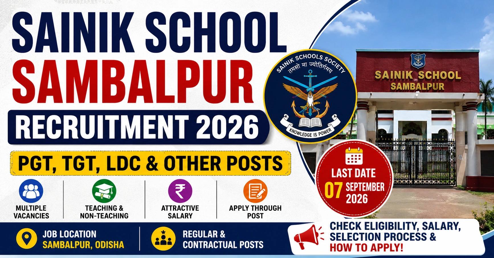Sainik School Sambalpur Recruitment 2026 PGT TGT LDC and Other Posts