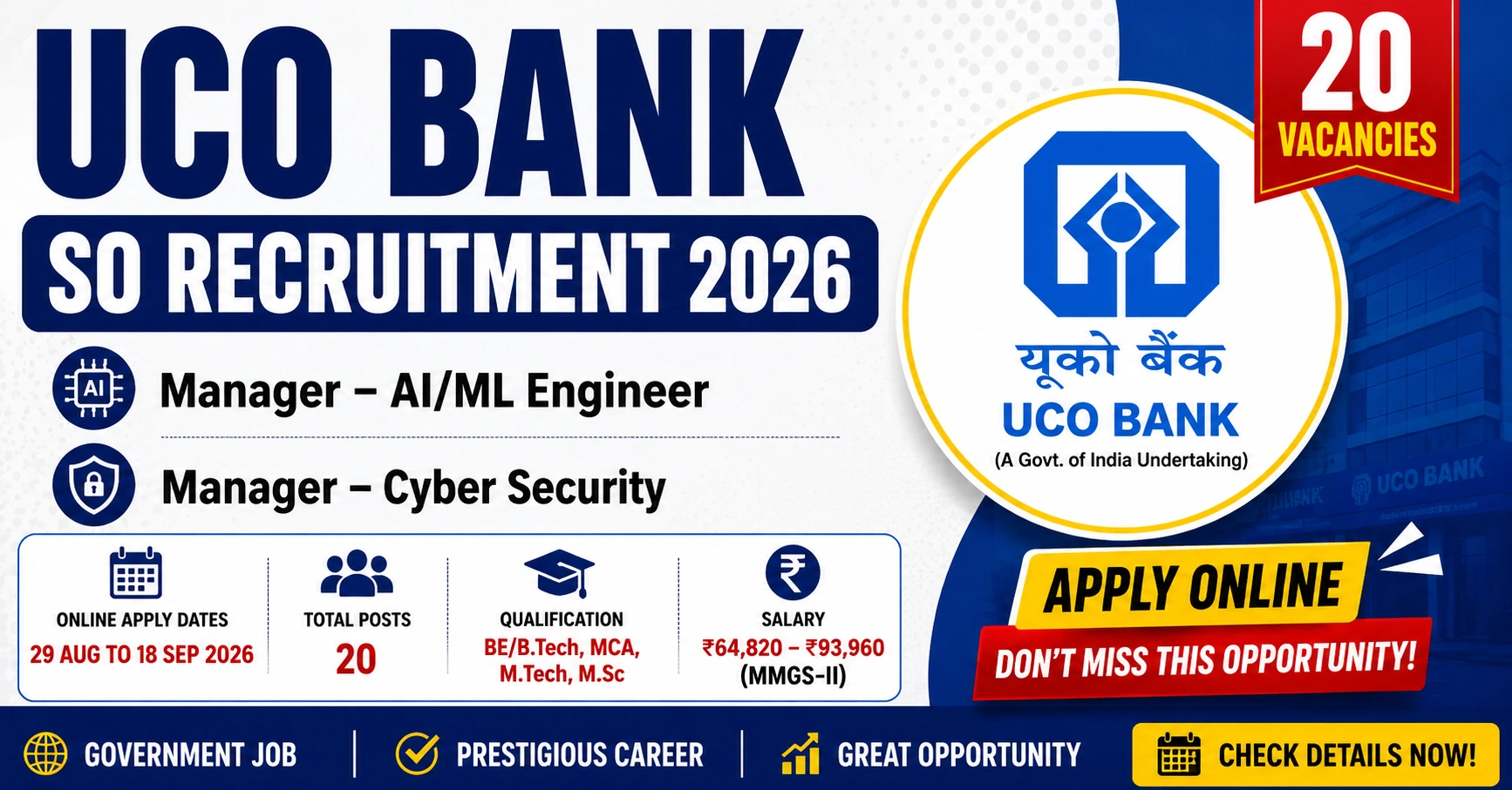 UCO Bank SO Recruitment 2026 Apply Online for 20 Specialist Officer Posts