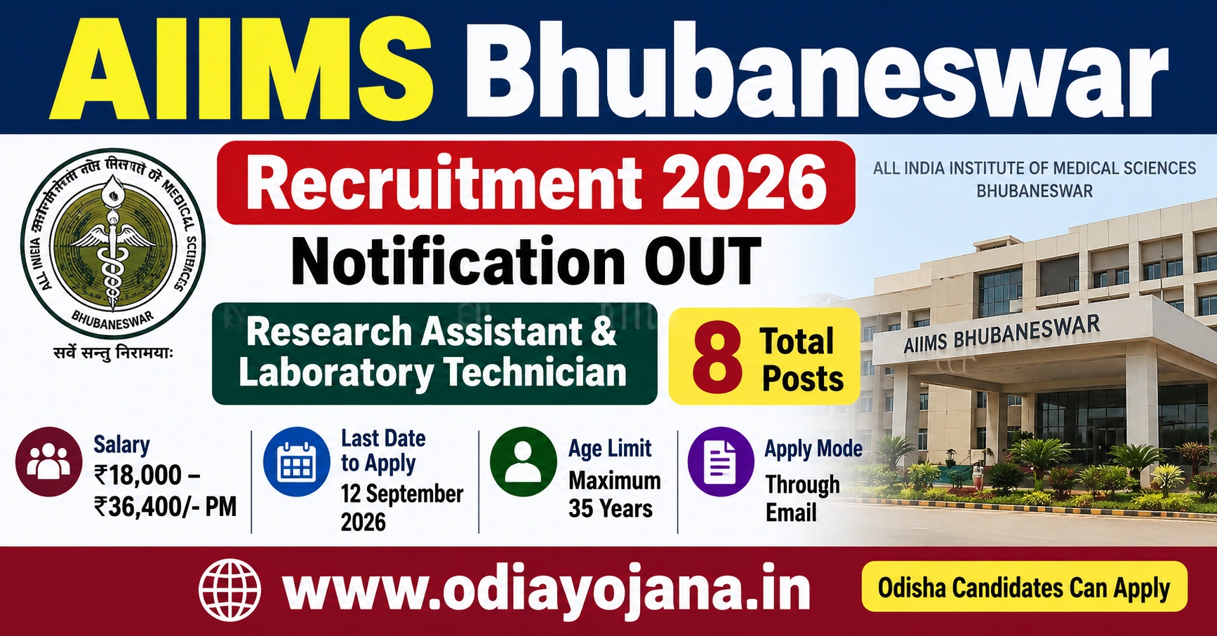 AIIMS Bhubaneswar Recruitment 2026 – 8 Research Assistant and Laboratory Technician Posts