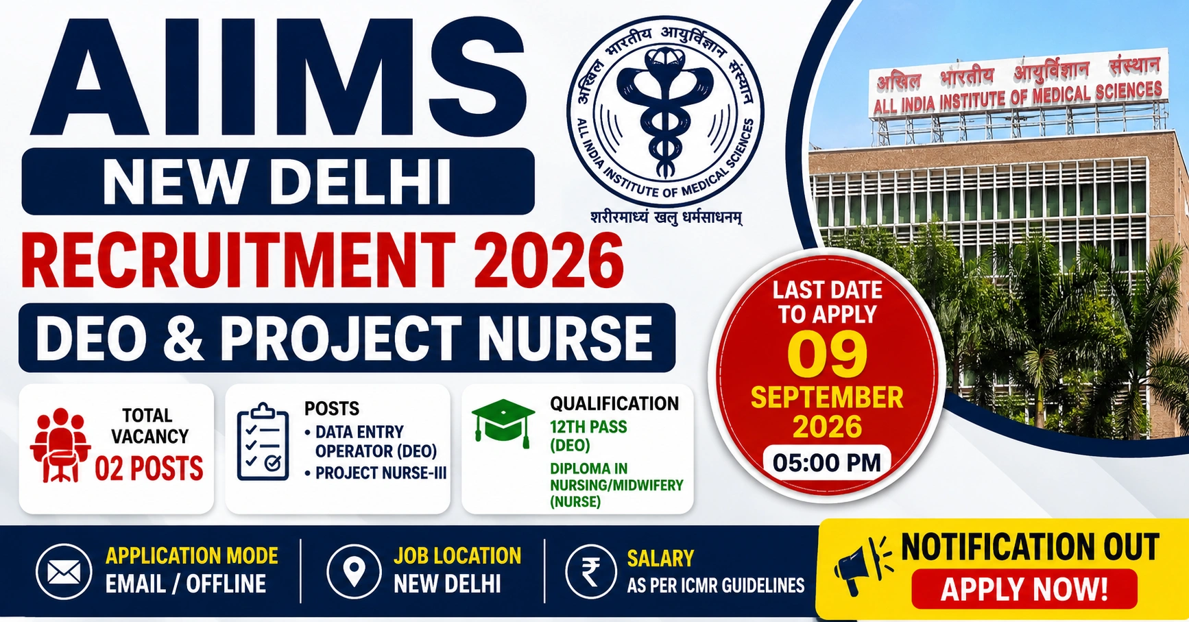 AIIMS New Delhi DEO and Project Nurse Recruitment 2026