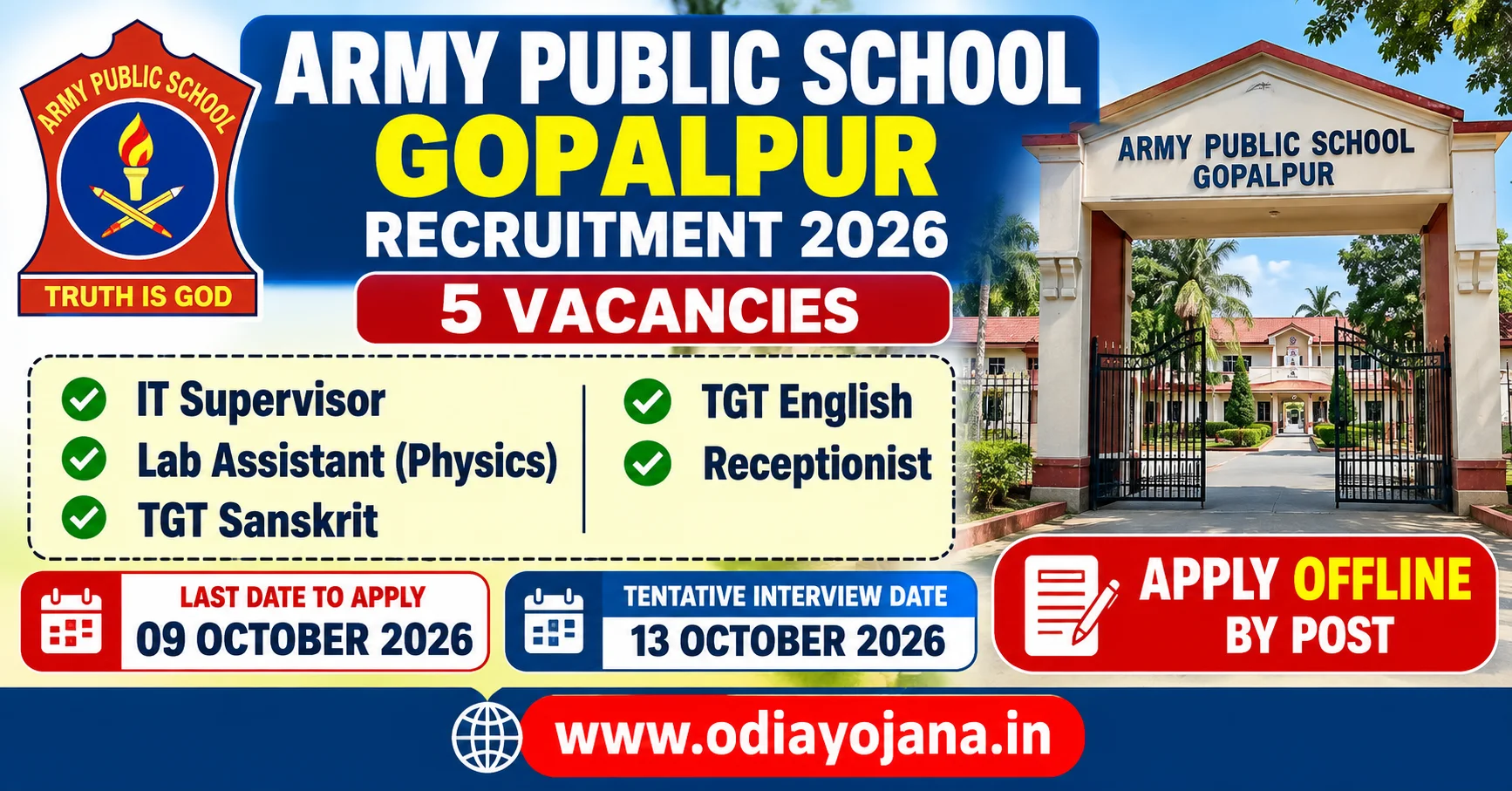 Army Public School Gopalpur Recruitment 2026 for IT Supervisor TGT Lab Assistant and Receptionist