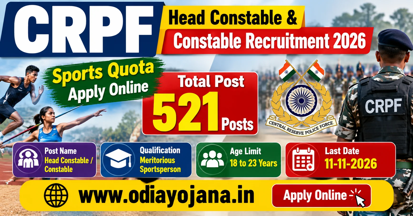 CRPF Head Constable Constable Recruitment 2026 – 521 Sports Quota Posts