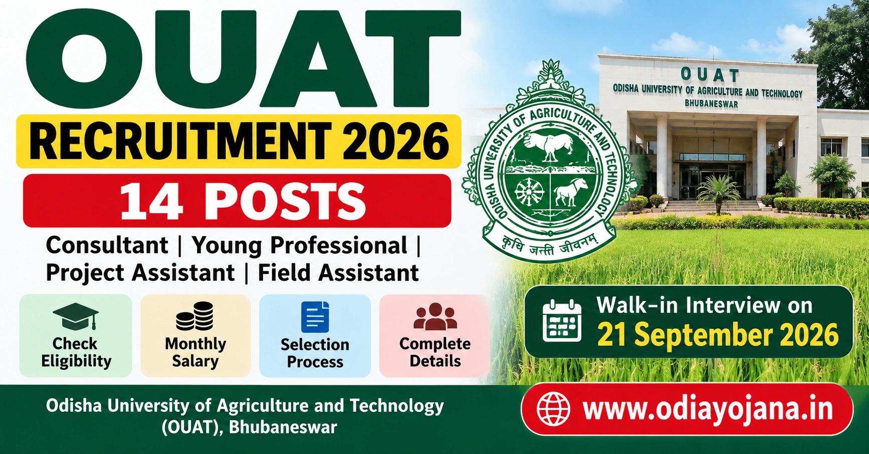 OUAT Recruitment 2026 for 14 Consultant, Young Professional, Project Assistant and Field Assistant posts