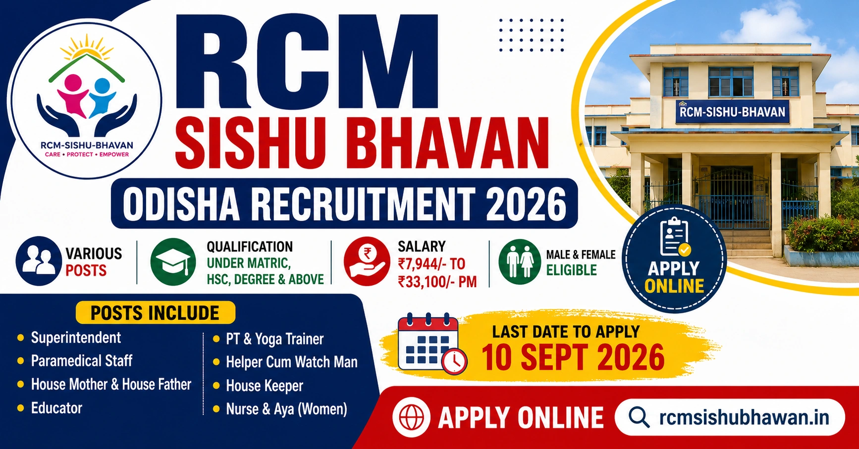 RCM Sishu Bhavan Odisha Recruitment 2026 – Various Posts