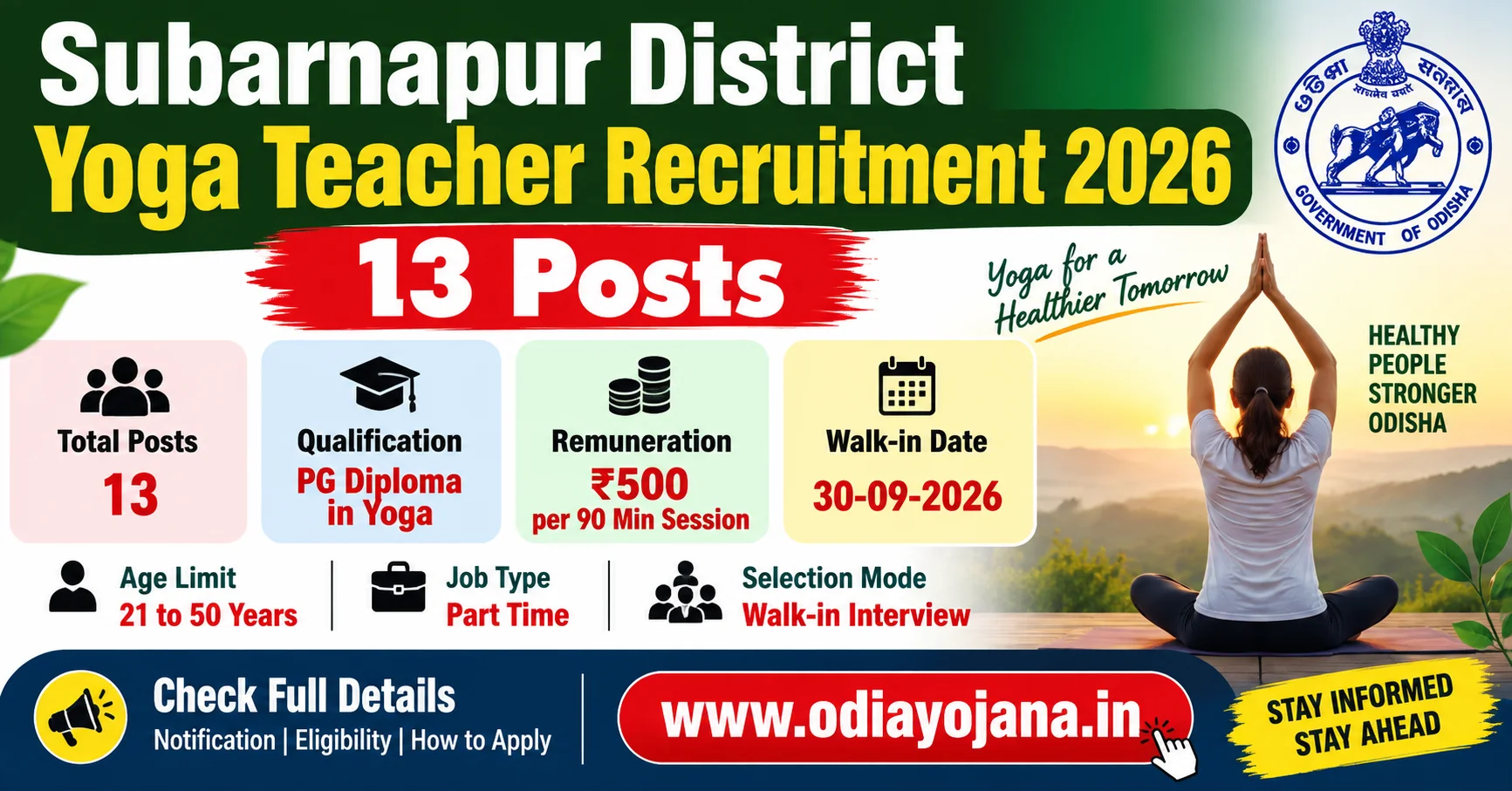 Subarnapur District Yoga Teacher Recruitment 2026 – 13 Yoga Teacher Posts