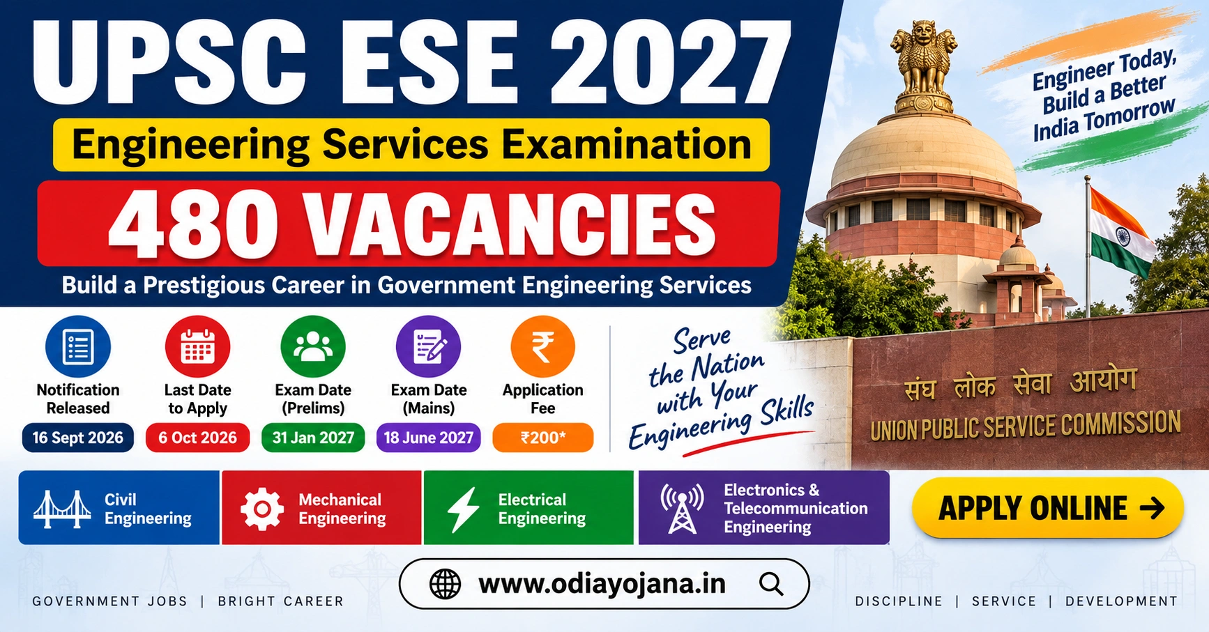 UPSC ESE 2027 Recruitment 480 Vacancies Engineering Services Examination