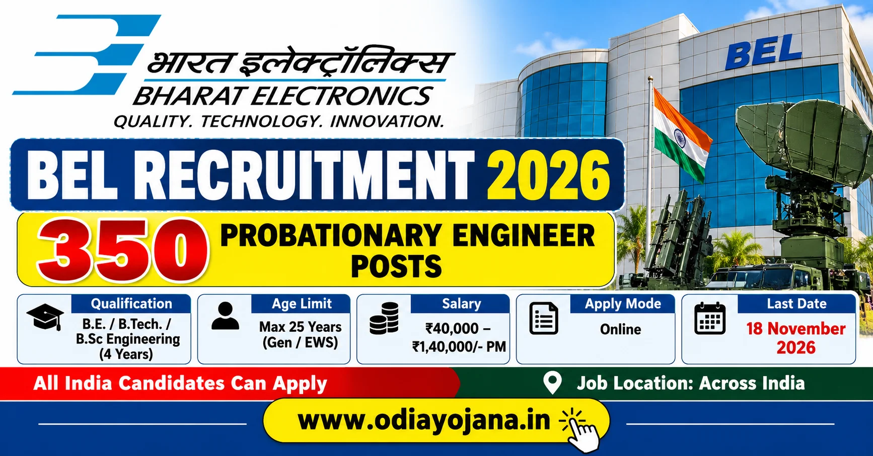 BEL Recruitment 2026 for 350 Probationary Engineer posts