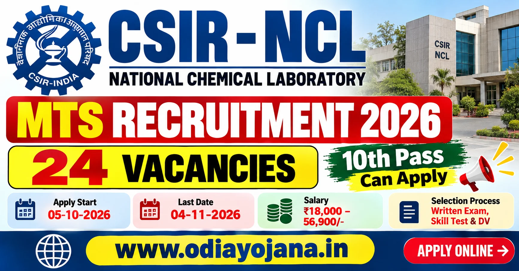 CSIR NCL MTS Recruitment 2026 – 24 Vacancies for 10th Pass Candidates