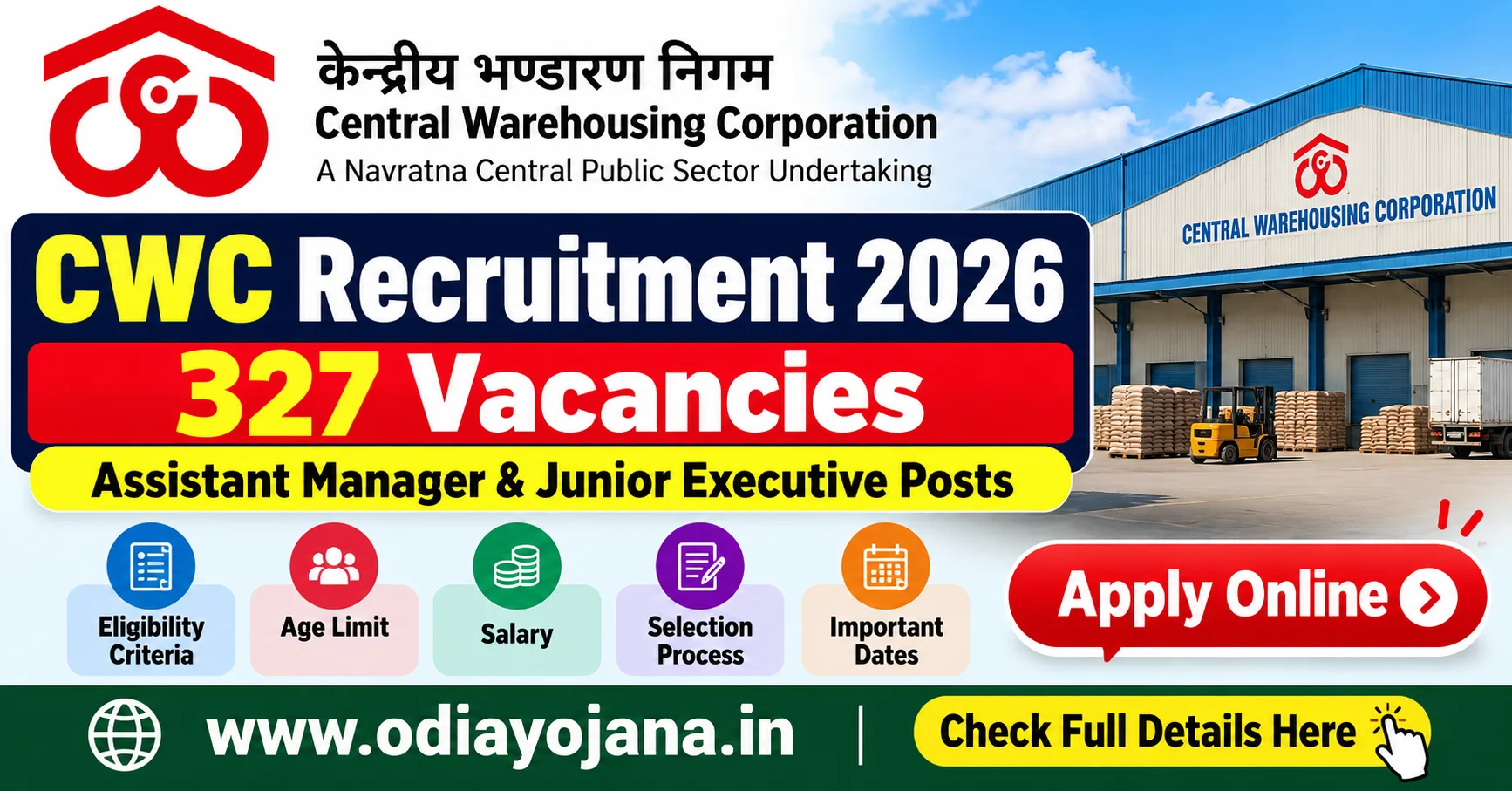 CWC Recruitment 2026 for 327 Assistant Manager and Junior Executive vacancies