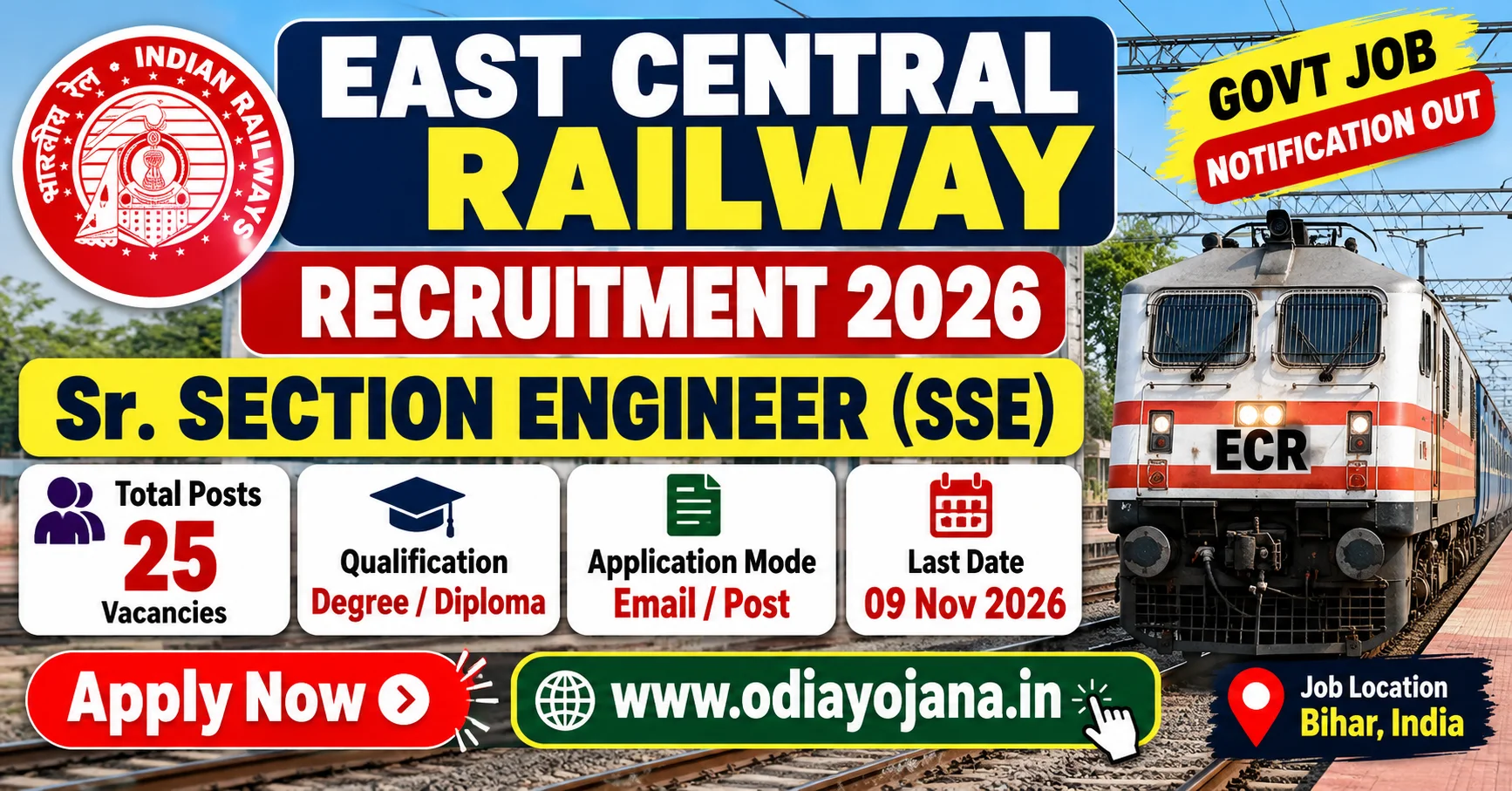 East Central Railway Recruitment 2026 for 25 Senior Section Engineer Posts