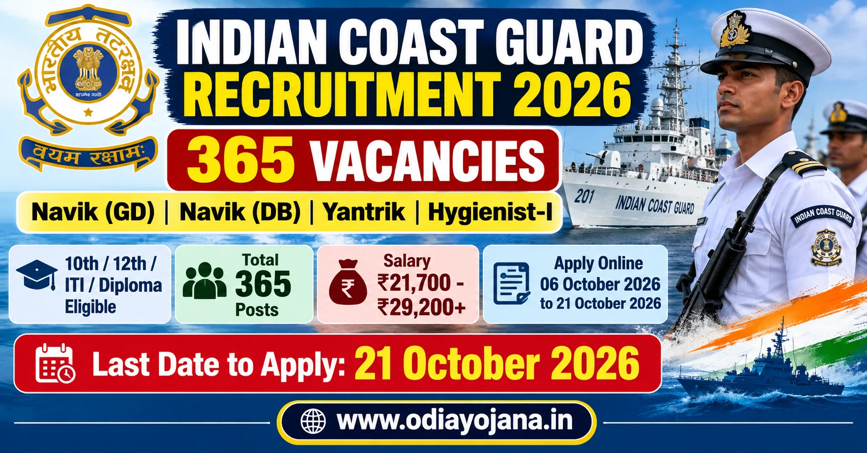 Indian Coast Guard Recruitment 2026 – 365 Navik GD, Navik DB, Yantrik and Hygienist-I Posts
