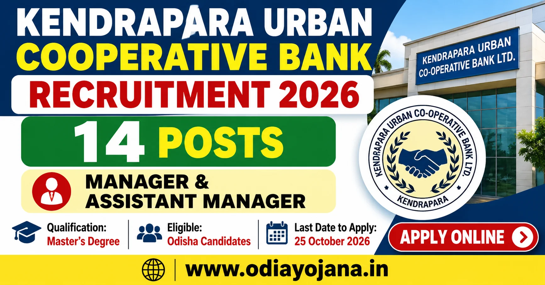 Kendrapara Urban Cooperative Bank Recruitment 2026 for Manager and Assistant Manager posts