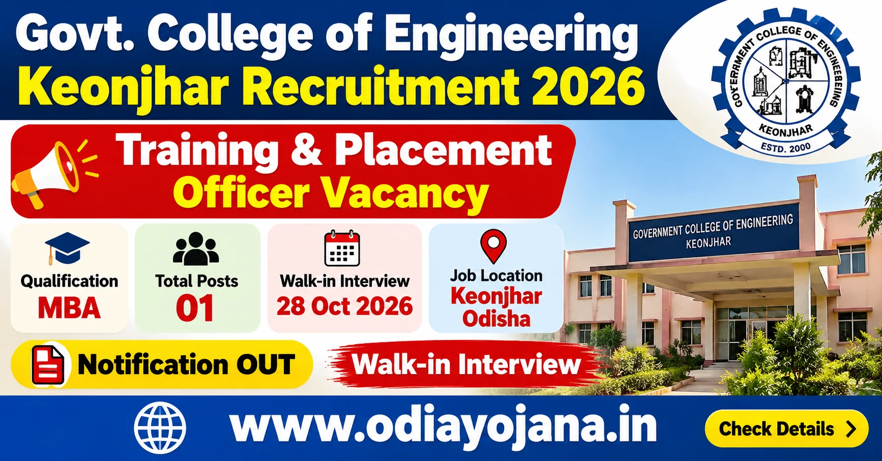 GCE Keonjhar Recruitment 2026 Training and Placement Officer MBA Vacancy