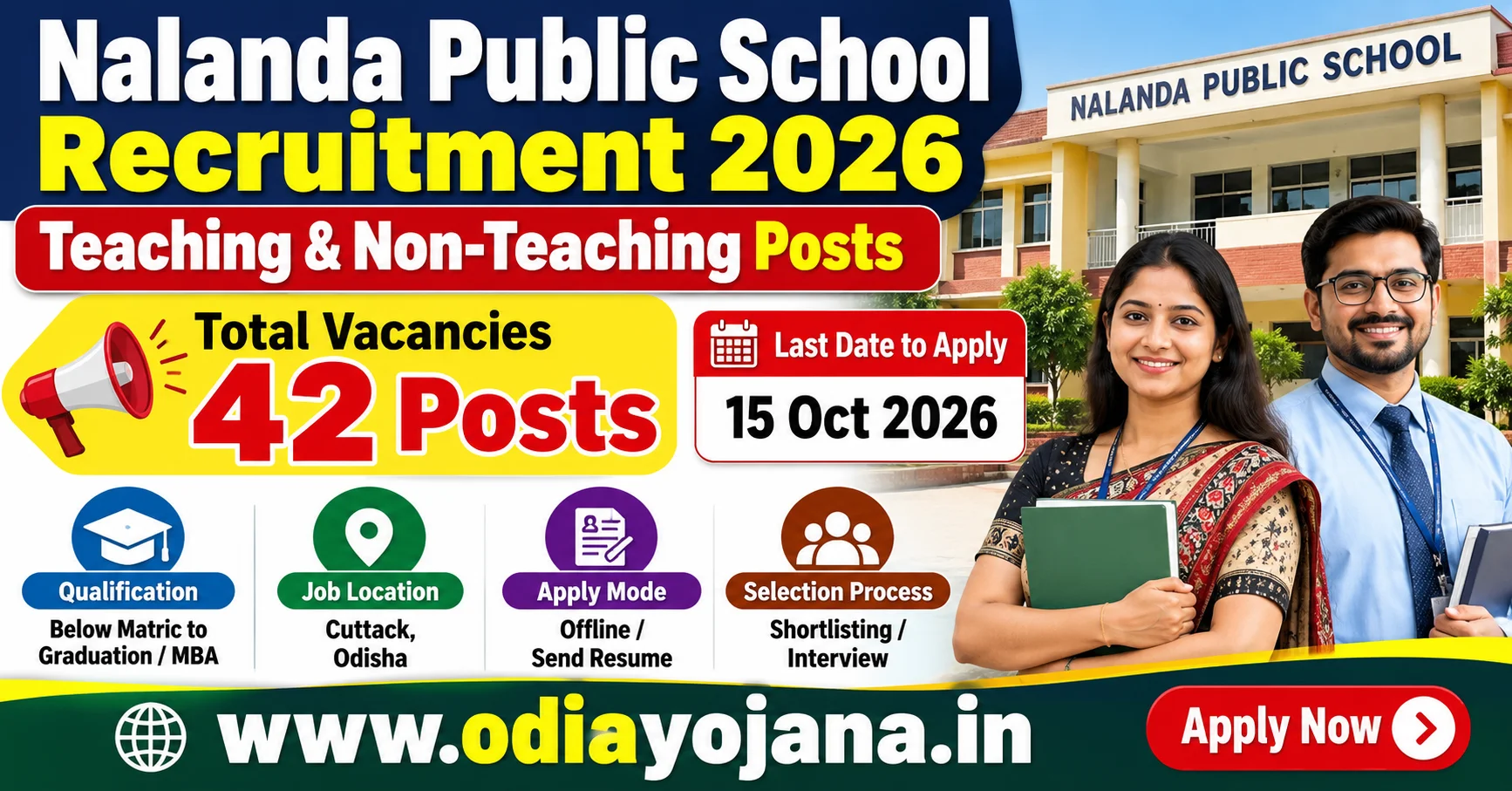 Nalanda Public School Recruitment 2026 for 42 teaching and non-teaching posts in Cuttack, Odisha