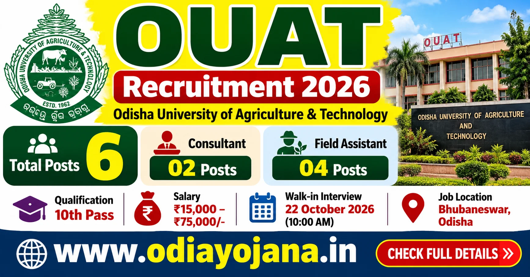 OUAT Recruitment 2026 notification for 6 Consultant and Field Assistant vacancies
