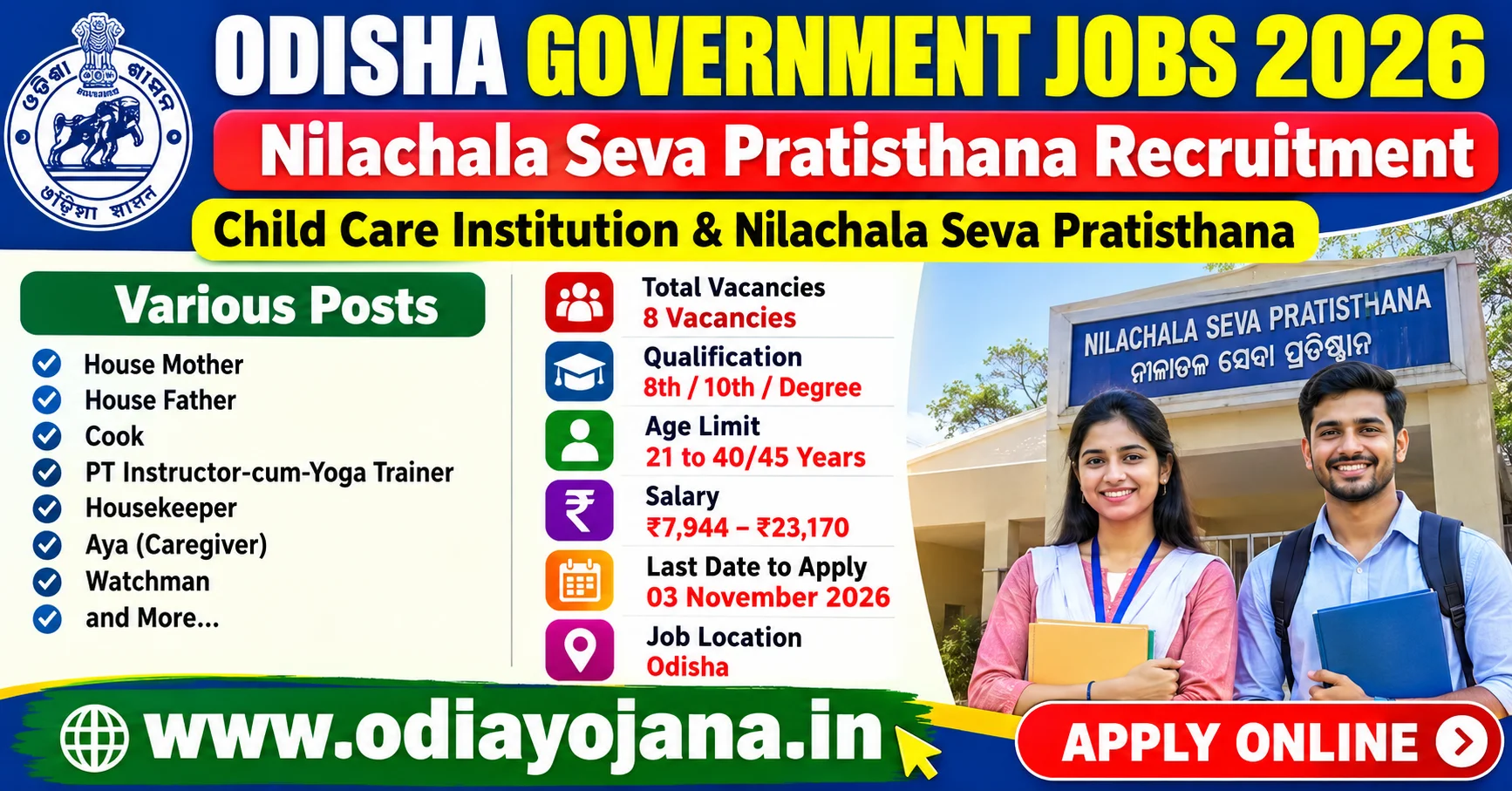 Nilachala Seva Pratisthana Recruitment 2026 Odisha Government Jobs