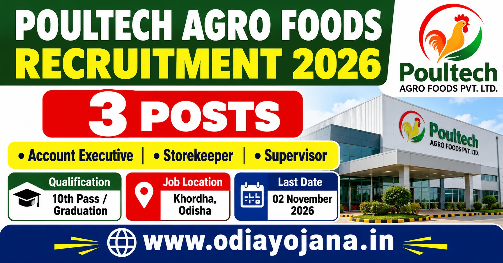 Poultech Agro Foods Recruitment 2026 for Account Executive, Storekeeper and Supervisor posts in Khordha, Odisha