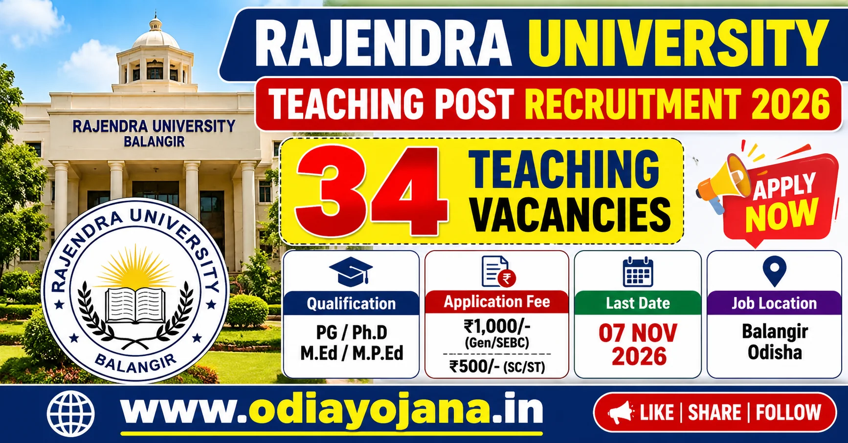 Rajendra University Teaching Recruitment 2026 for 34 teaching posts in Balangir Odisha