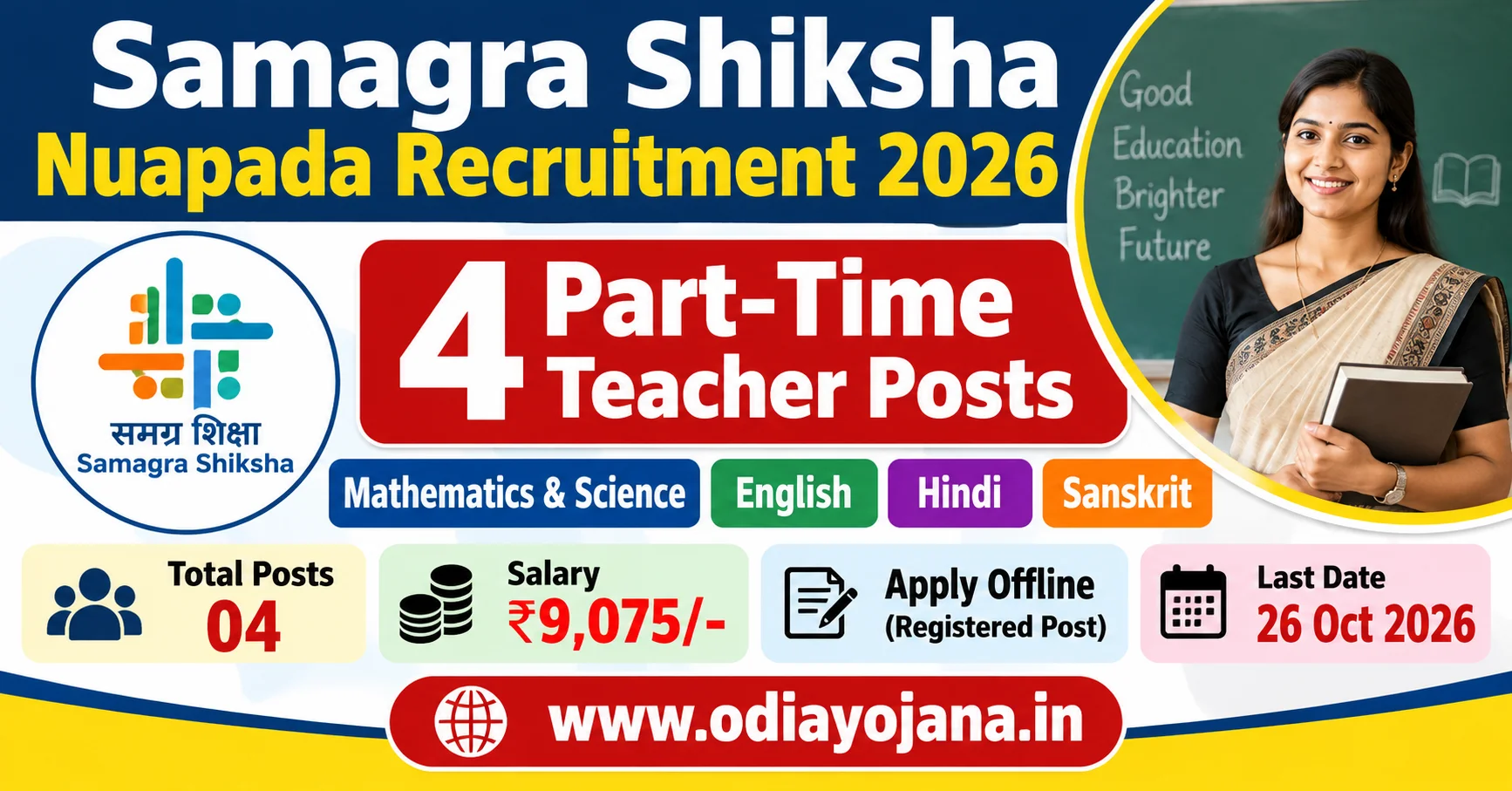Samagra Shiksha Nuapada Recruitment 2026 for 4 Part-Time Teacher posts in Odisha
