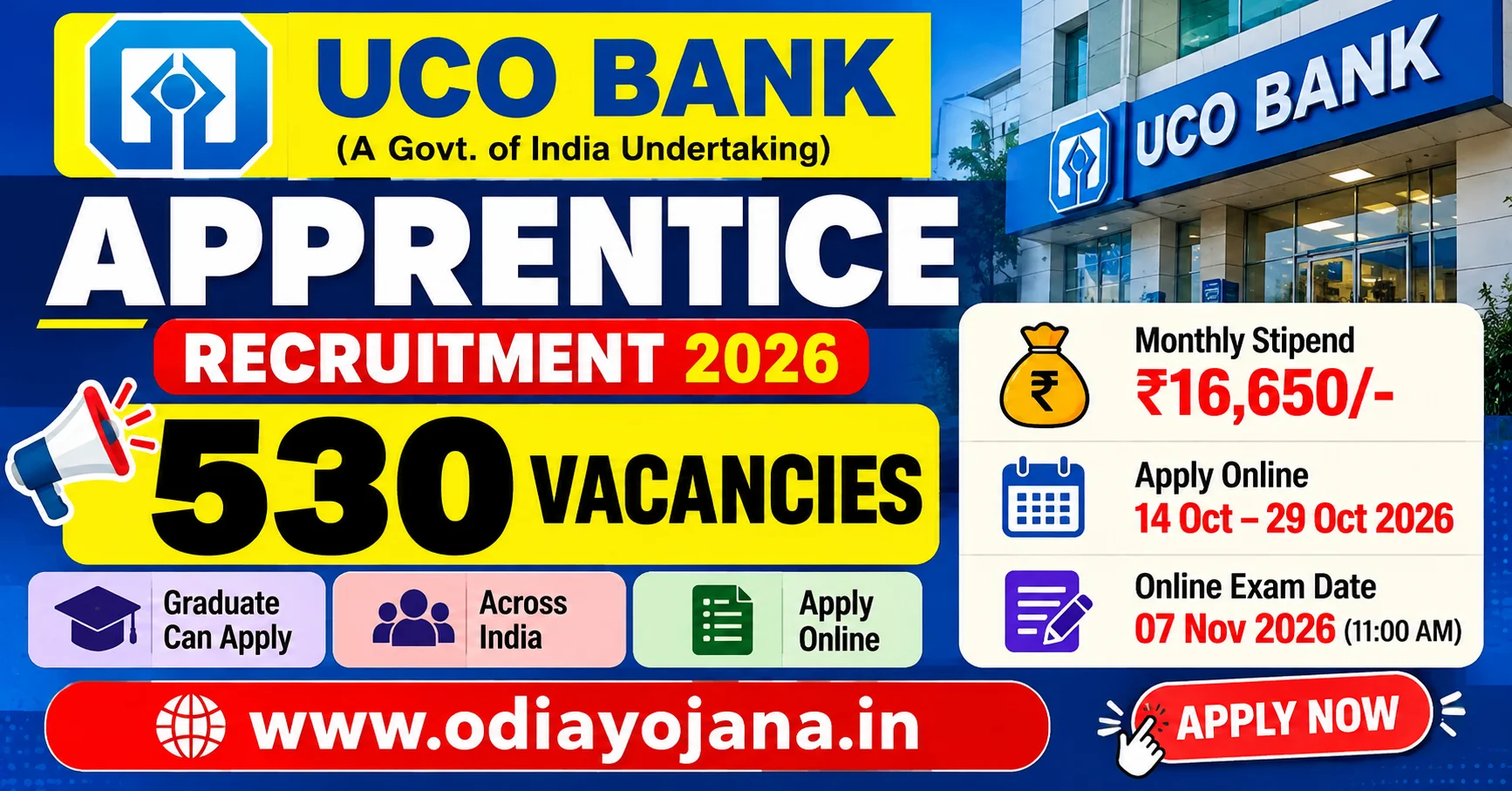 UCO Bank Apprentice Recruitment 2026 for 530 vacancies