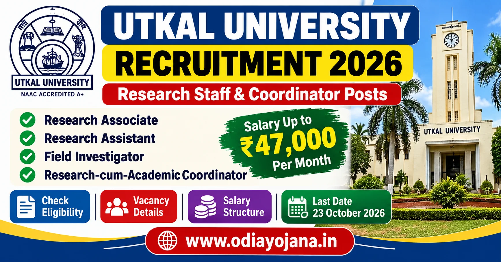 Utkal University Recruitment 2026 for Research Associate, Research Assistant and Field Investigator posts