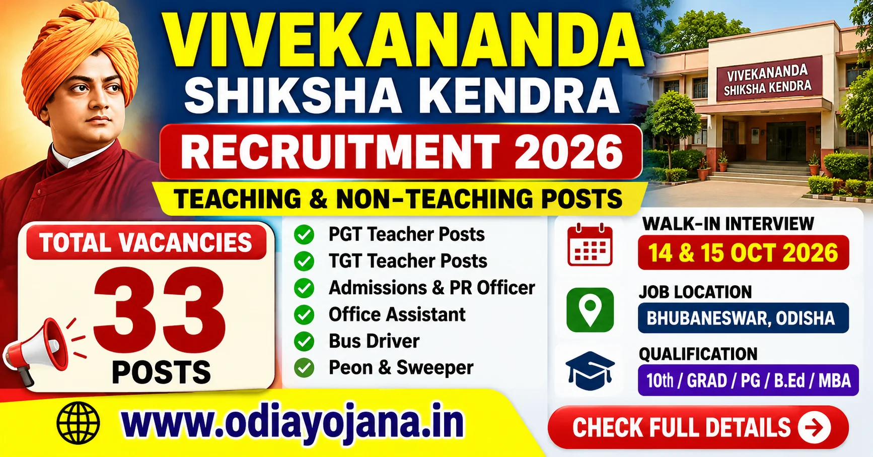 Vivekananda Shiksha Kendra Recruitment 2026 for 33 teaching and non-teaching posts in Bhubaneswar